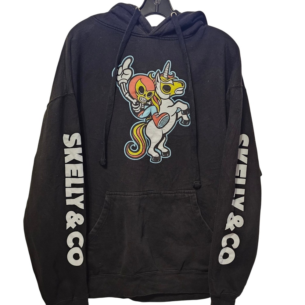 Skelly & Co Mens Black Graphic Hoodie Skeleton Riding Unicorn Sleeve Print L